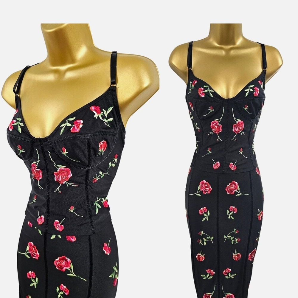 Karen Millen Vintage 90's Corset Black And Red Rose Embroidered Dress